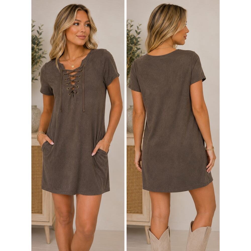 HYFVE Faux Suede Lace Up Shift Dress Taupe Brown Small